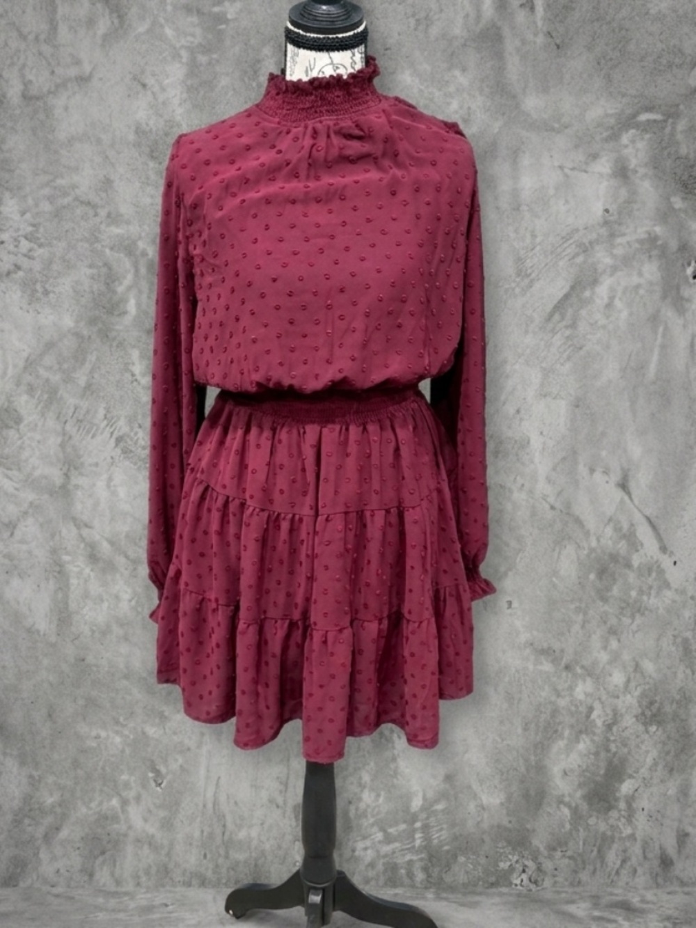 Sweet Wanderer XL Burgundy Swiss Dot Tiered Mini Dress Smocked Mock Neck Boho